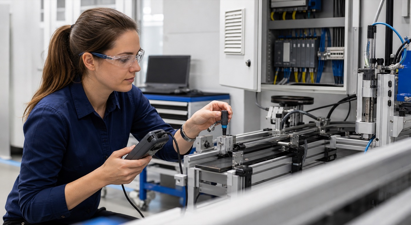 Application engineer aligning a sensor on an automation test fixture