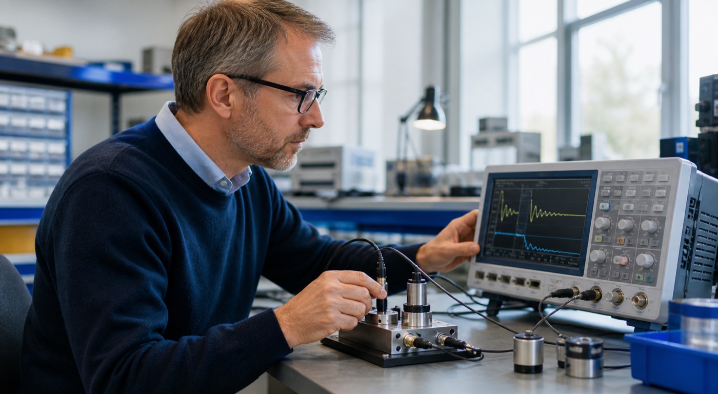 Engineer evaluating ultrasonic sensor signals at an electronics test bench