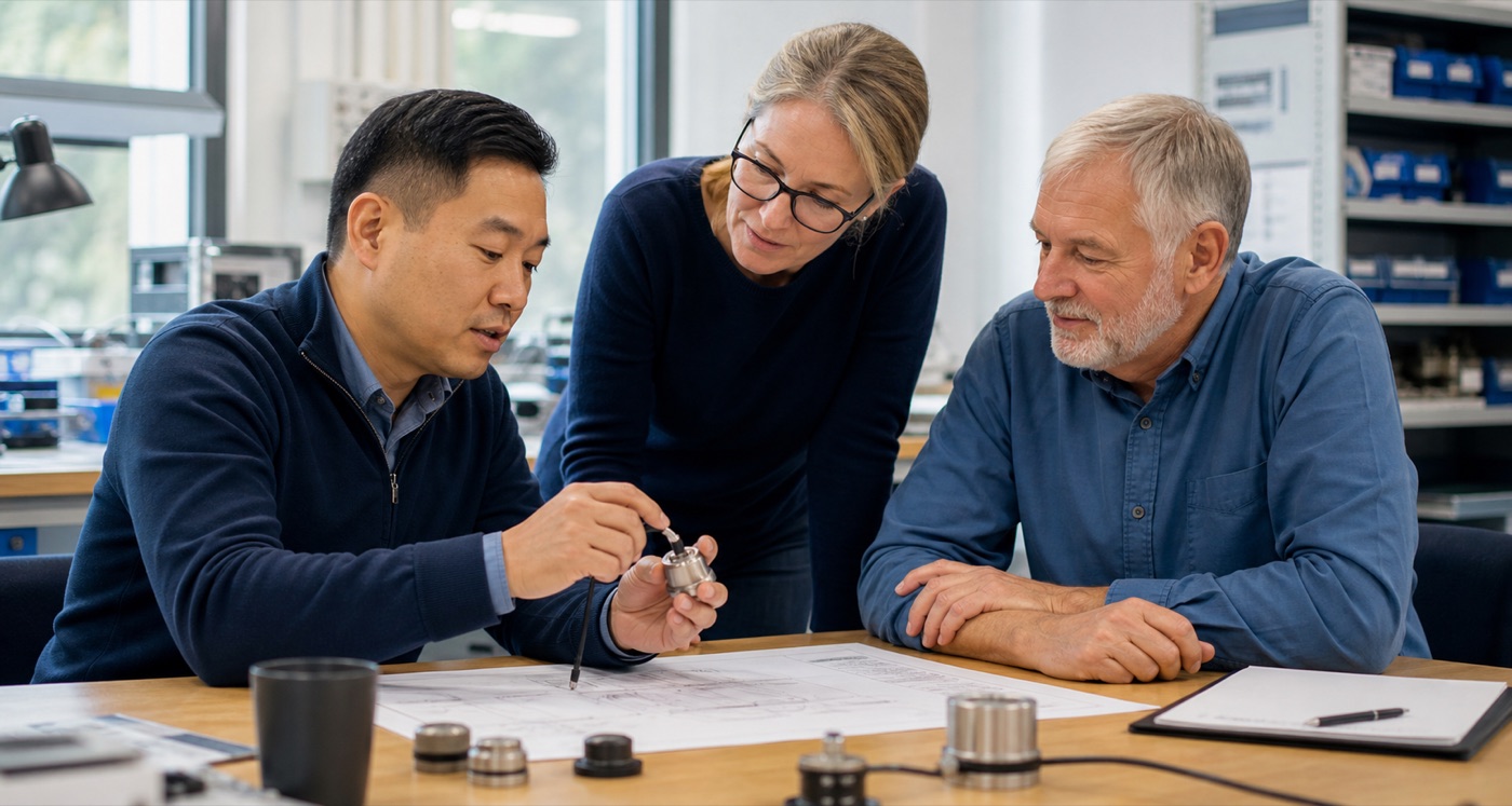 Technical sales and engineering team reviewing a sensor component and application drawing